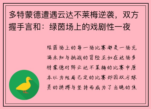 多特蒙德遭遇云达不莱梅逆袭，双方握手言和：绿茵场上的戏剧性一夜