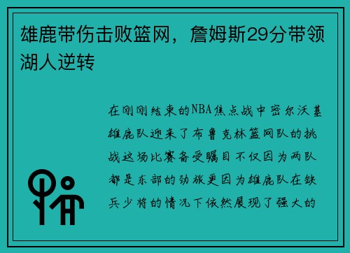 雄鹿带伤击败篮网，詹姆斯29分带领湖人逆转